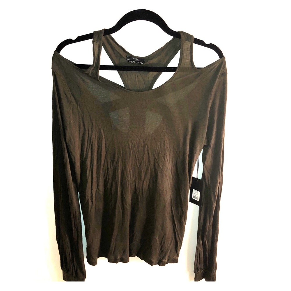 Brand new olive green Obey cross cross top